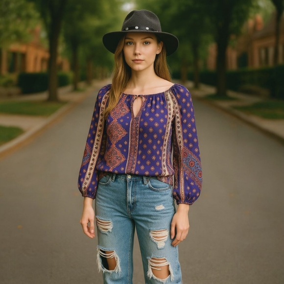 Unbranded Tops - Purple and Cream Print Top Size Xlarge